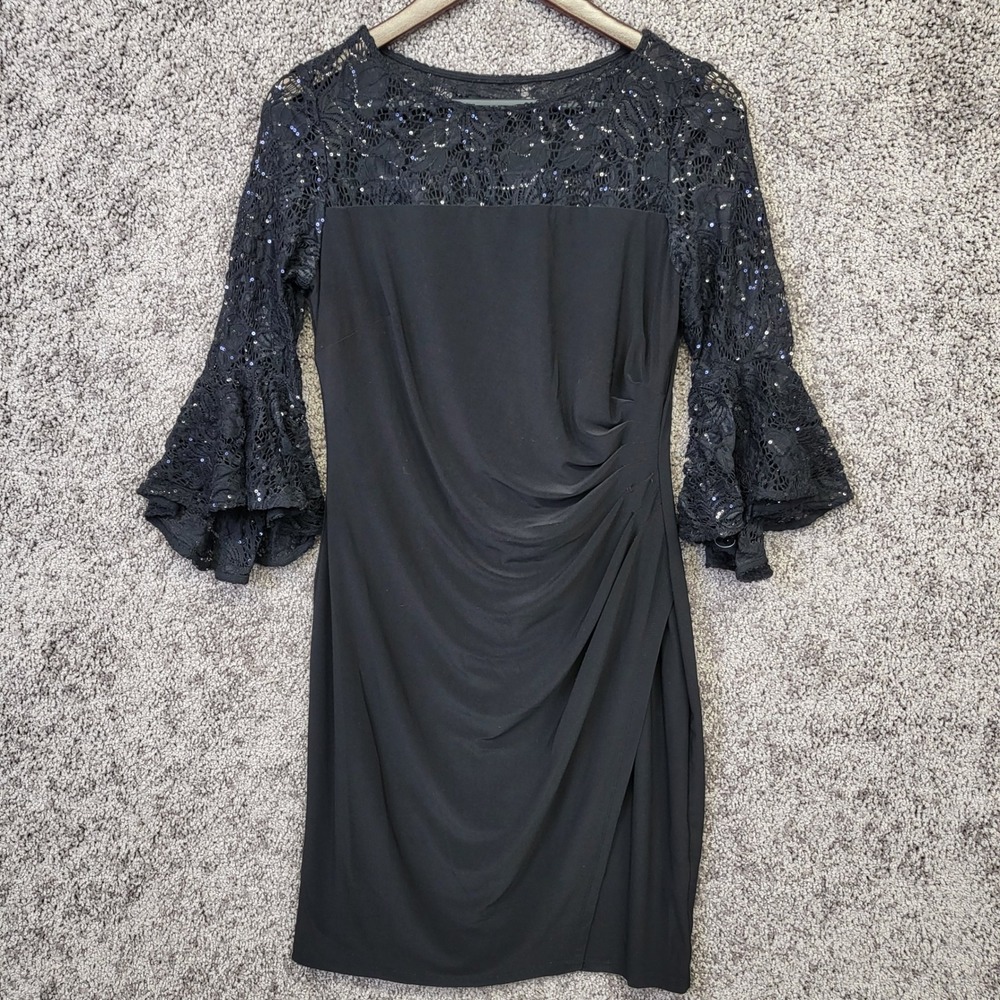 Lauren Ralph Lauren Cocktail Dress Womens 10 Black Excellent Sequin Lace Ruched
